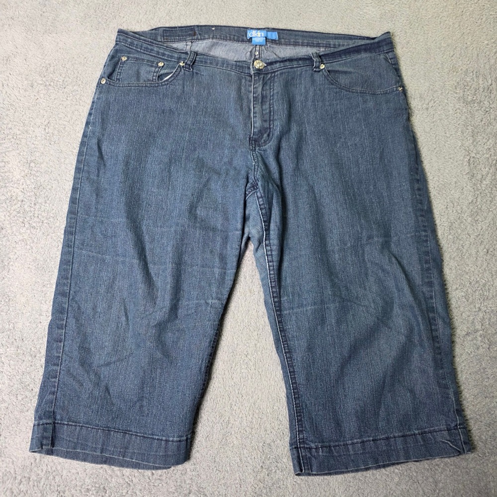 DKIN Womens 18W Denim Bermuda Shorts Blue Stretch Mid Rise Button Flap Pockets